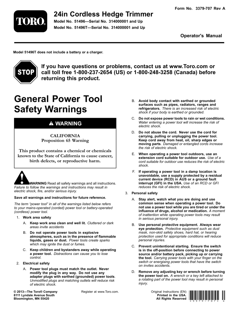 Toro 24in Cordless Hedge Trimmer User manual Toro 24in Cordless Hedge Trimmer User manual