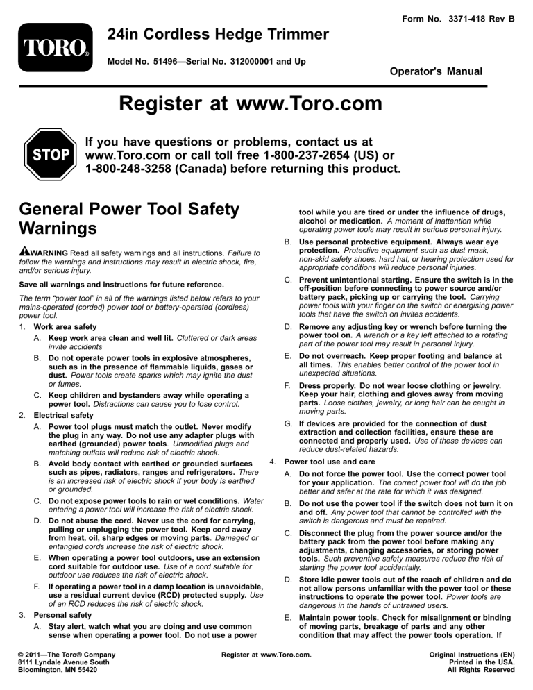 Toro 24in Cordless Hedge Trimmer User manual Toro 24in Cordless Hedge Trimmer User manual