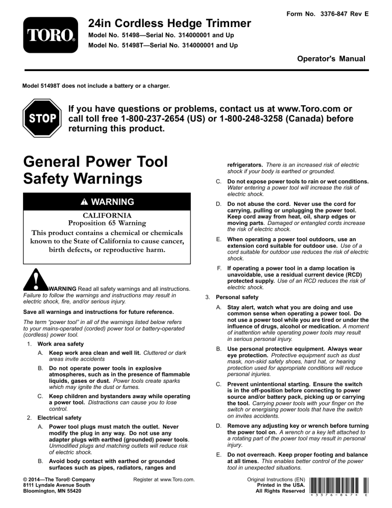 Toro 24in Cordless Hedge Trimmer User manual Toro 24in Cordless Hedge Trimmer User manual