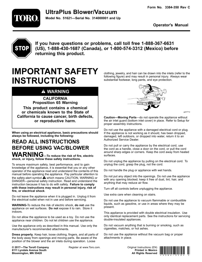 Toro UltraPlus Blower/Vacuum User manual Toro UltraPlus Blower/Vacuum User manual