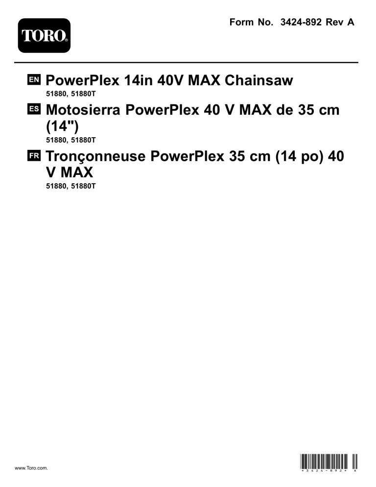 Toro PowerPlex 40V MAX Axial Blower and PowerPlex 14in 40V MAX Chainsaw Combo, PowerPlex 14in 40V MAX Chainsaw User manual Toro PowerPlex 40V MAX Axial Blower and PowerPlex 14in 40V MAX Chainsaw Combo, PowerPlex 14in 40V MAX Chainsaw User manual