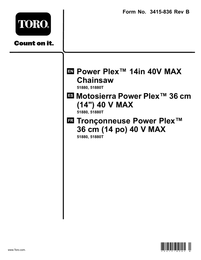 Toro PowerPlex 14in 40V MAX Chainsaw User manual Toro PowerPlex 14in 40V MAX Chainsaw User manual