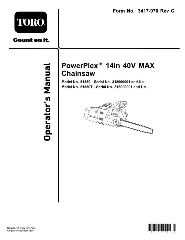 Toro PowerPlex 14in 40V MAX Chainsaw User manual Toro PowerPlex 14in 40V MAX Chainsaw User manual