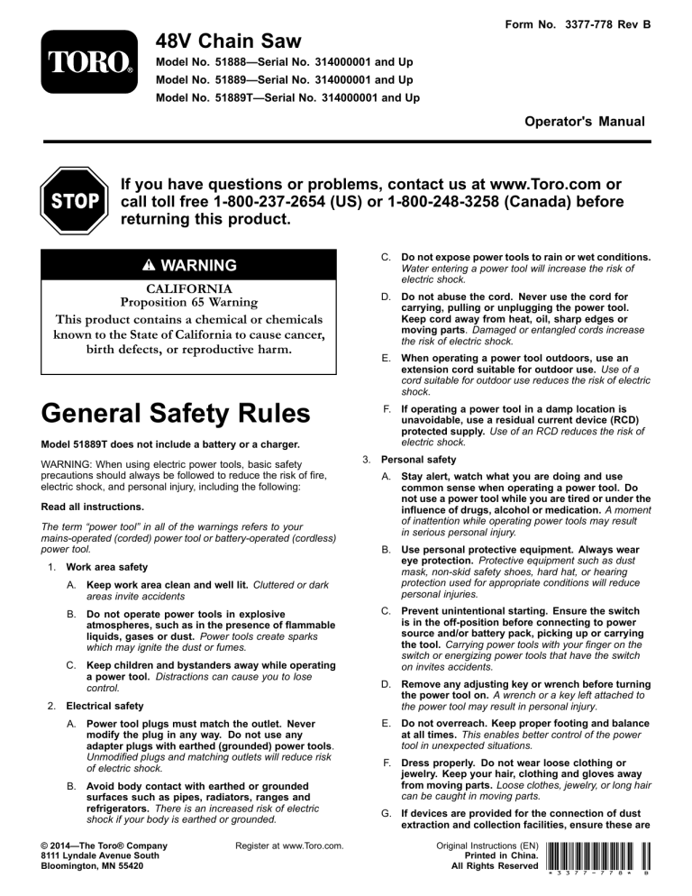 Toro 48V Chain Saw User manual Toro 48V Chain Saw User manual