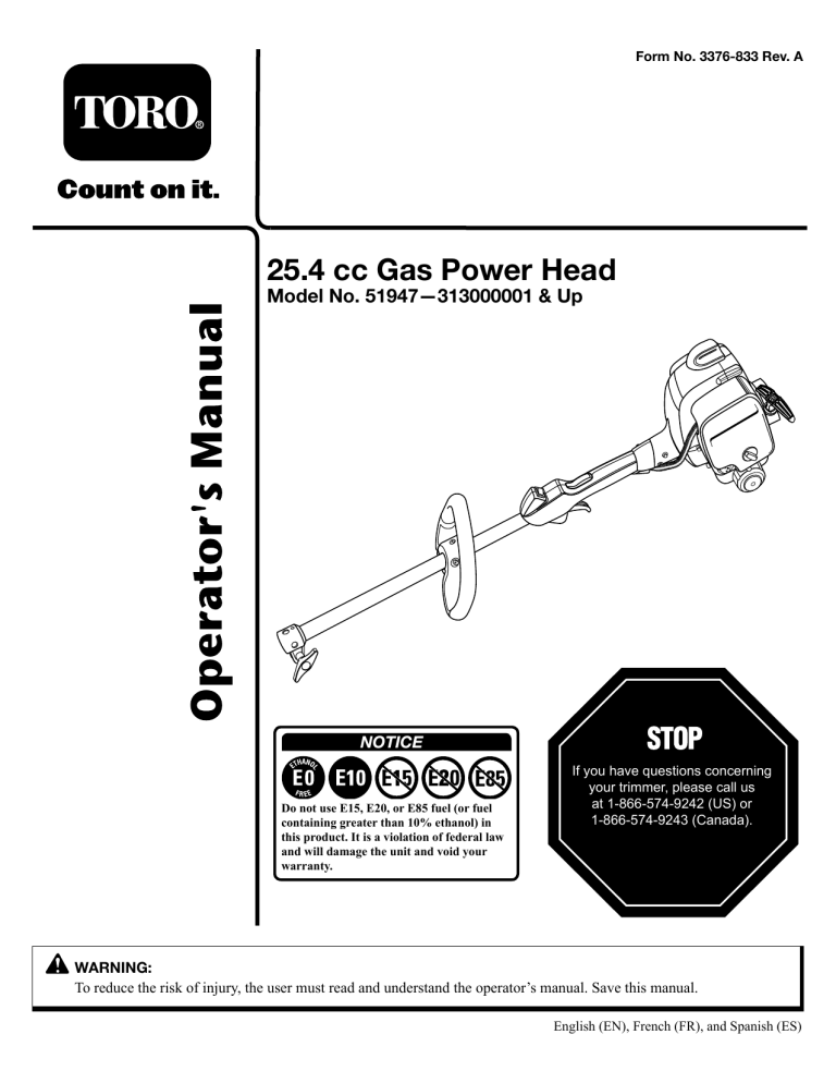 Toro 25cc Power Head User manual Toro 25cc Power Head User manual