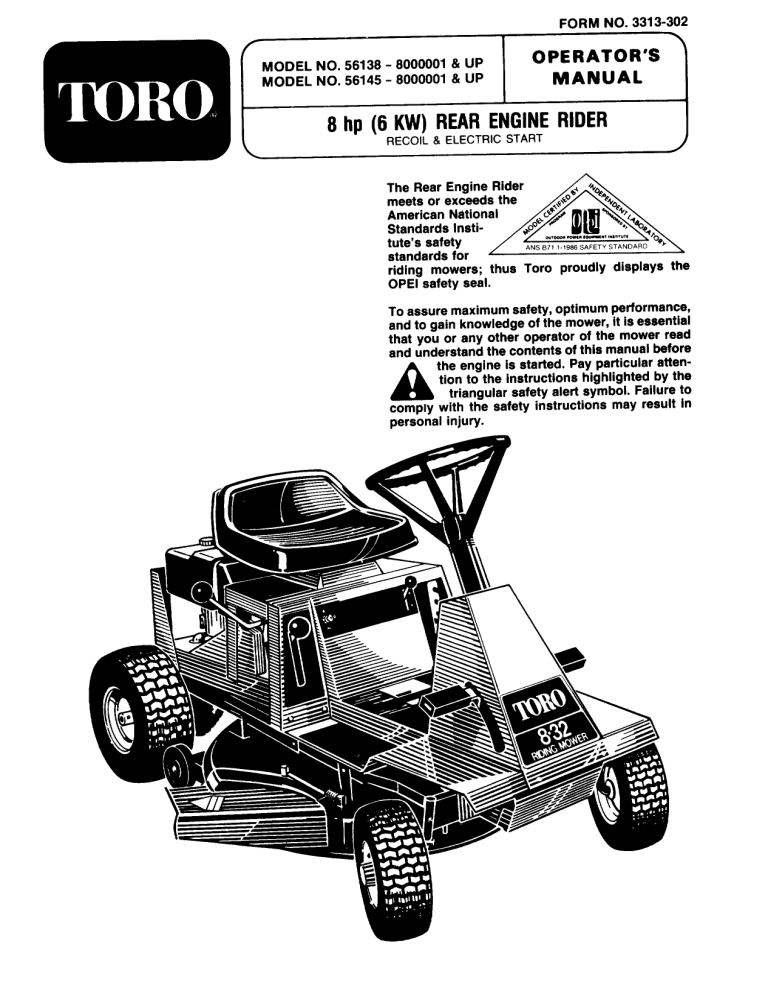 Toro 8-32 Rear Engine Rider User manual Toro 8-32 Rear Engine Rider User manual