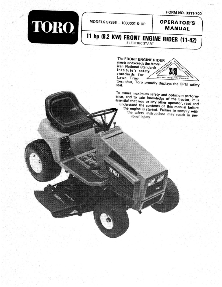 Toro 11-42 Lawn Tractor User manual Toro 11-42 Lawn Tractor User manual