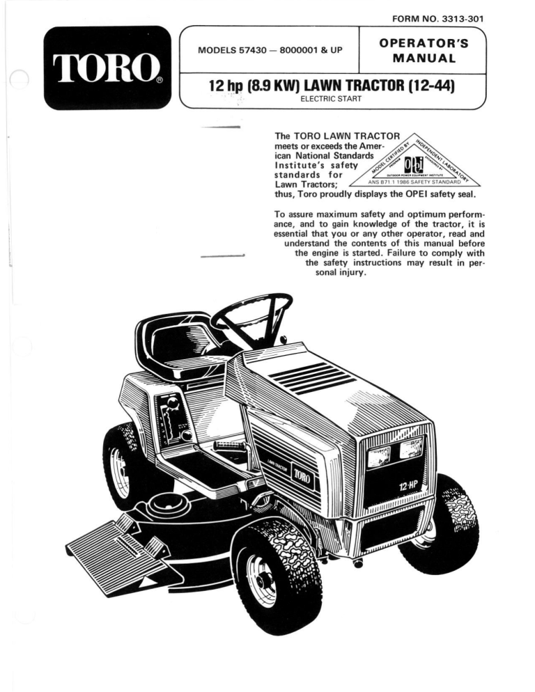 Toro 12-44 Pro Lawn Tractor User manual Toro 12-44 Pro Lawn Tractor User manual