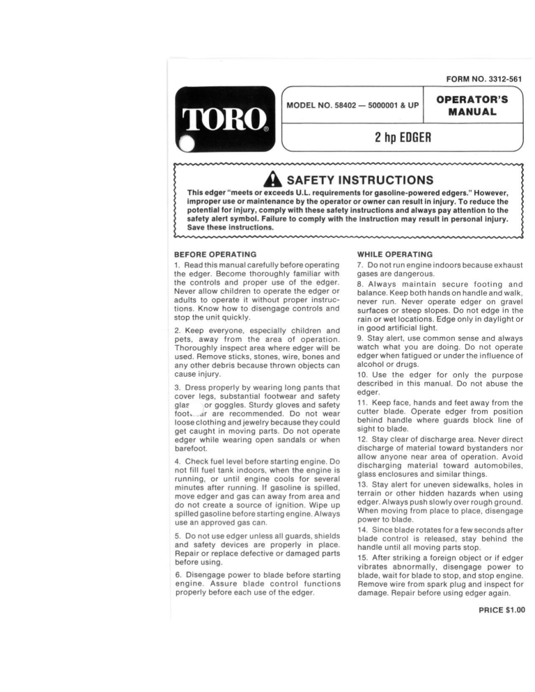 Toro 2 hp Edger User manual Toro 2 hp Edger User manual