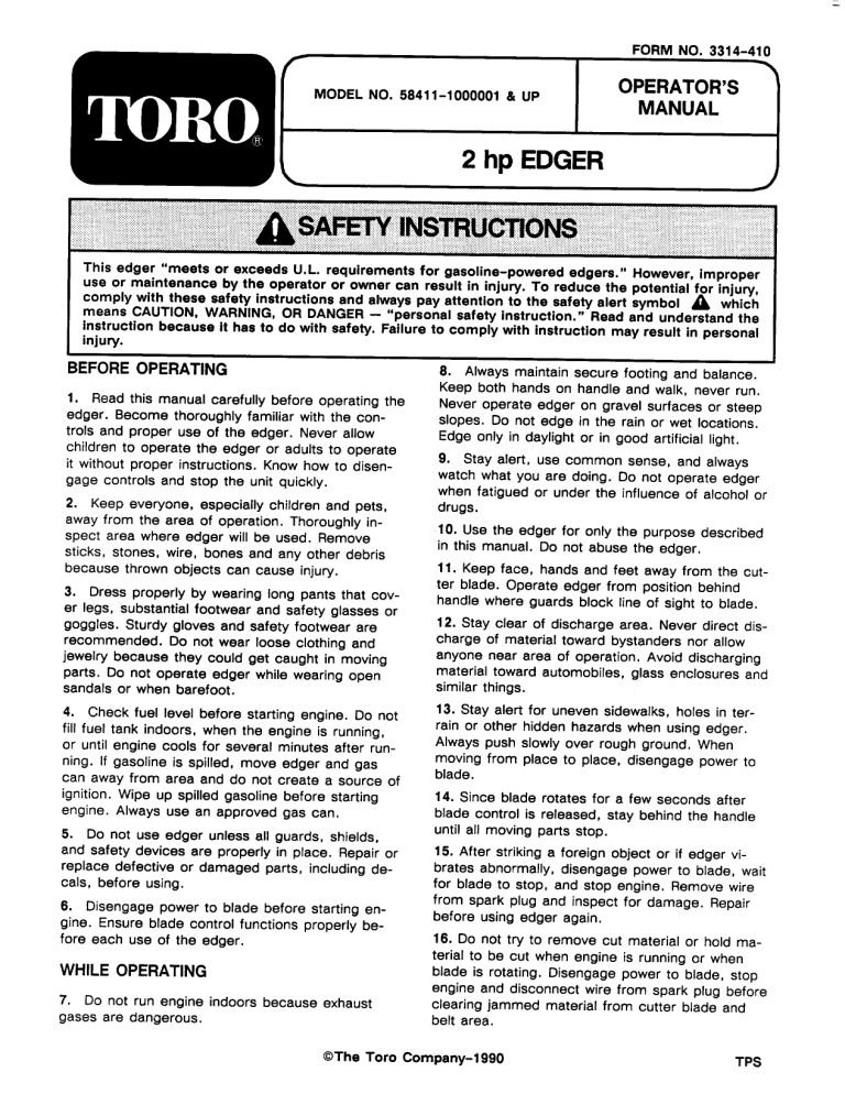 Toro 2 hp Edger User manual Toro 2 hp Edger User manual