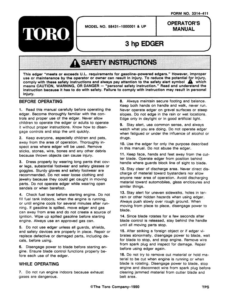 Toro 3.5 hp Edger User manual Toro 3.5 hp Edger User manual
