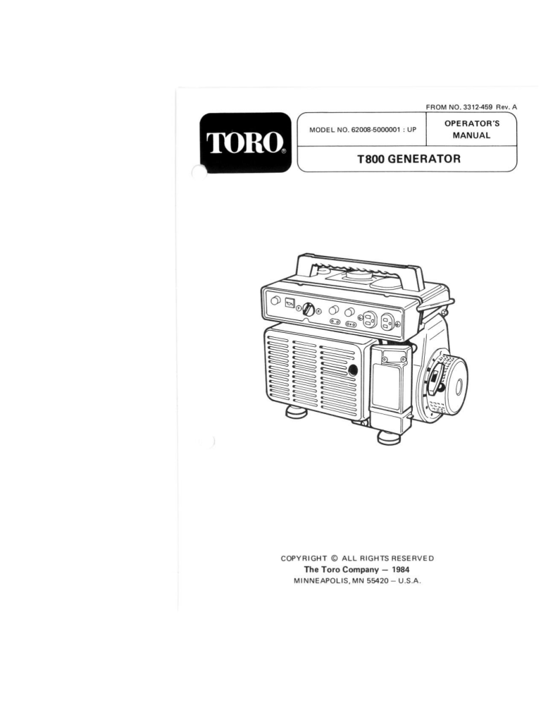 Toro Generator, T800 User manual Toro Generator, T800 User manual