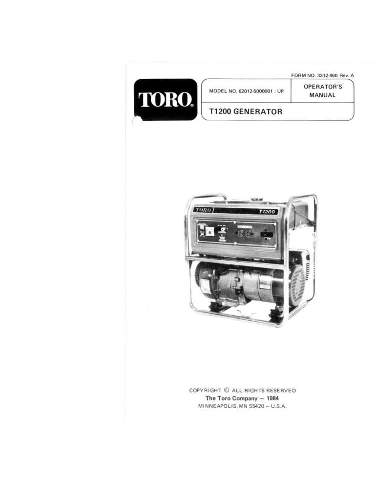 Toro Generator, T1200 User manual Toro Generator, T1200 User manual