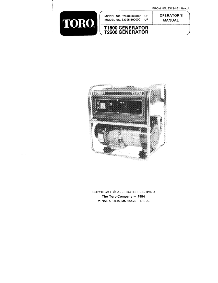Toro Generator, T1800, Generator, T2500 User manual Toro Generator, T1800, Generator, T2500 User manual