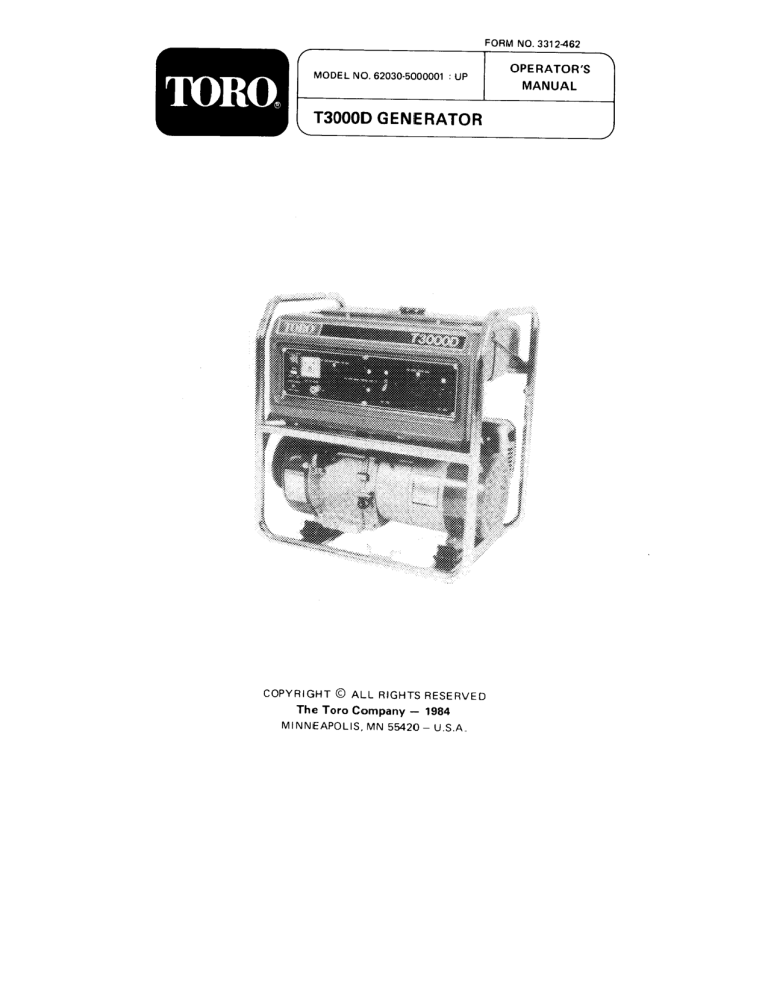 Toro Generator, T3000D User manual Toro Generator, T3000D User manual