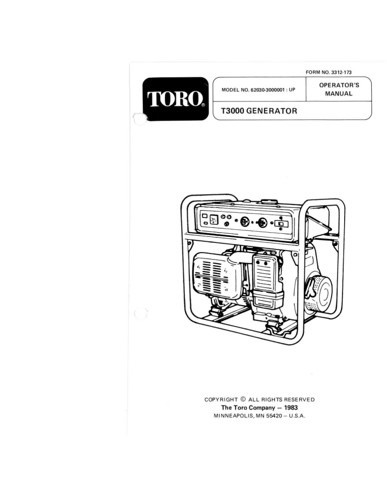 Toro Generator, T3000 User manual Toro Generator, T3000 User manual