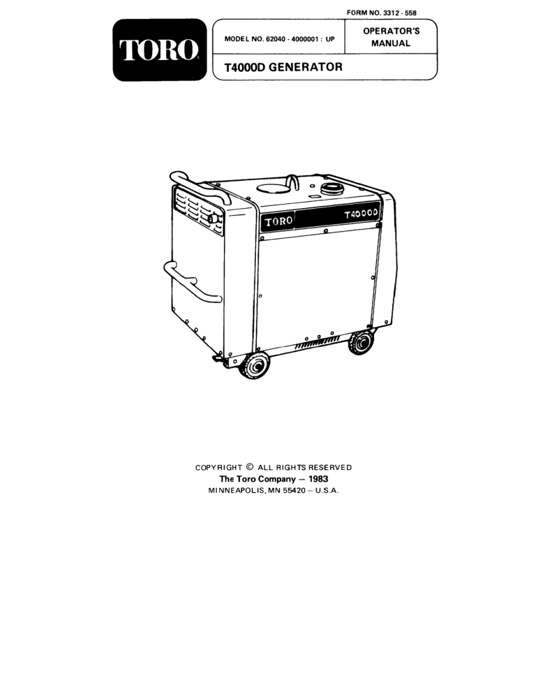 Toro Generator, T4000D User manual Toro Generator, T4000D User manual