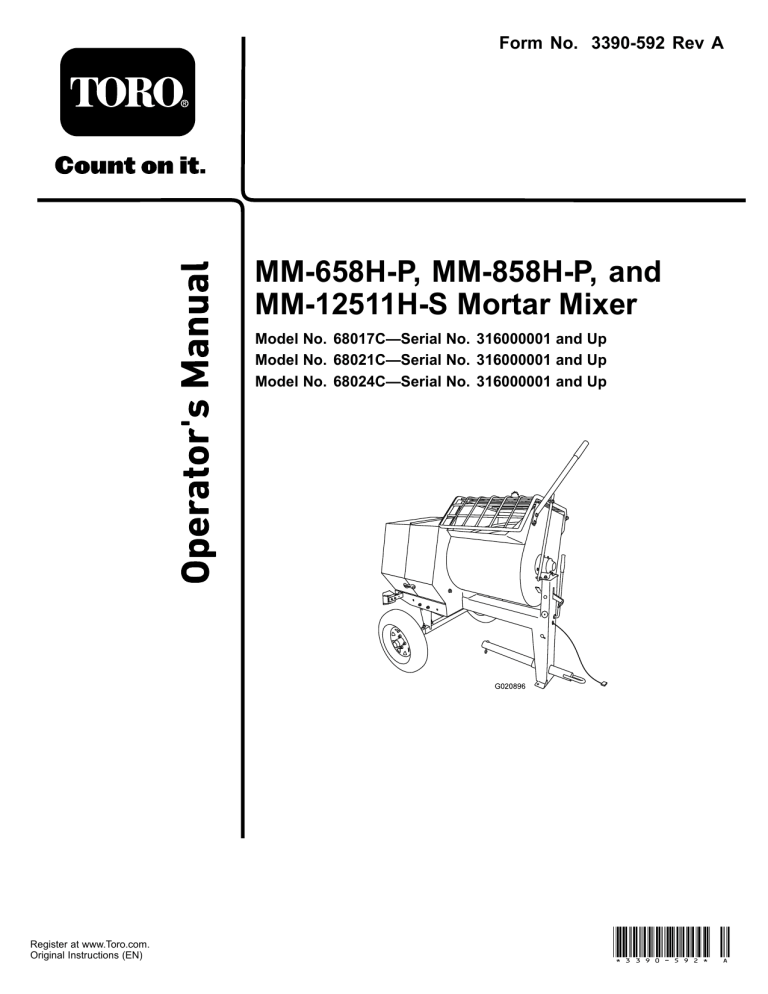 Toro MM-658H-P Mortar Mixer, MM-12511H-S Mortar Mixer, MM-858H-P Mortar Mixer User manual Toro MM-658H-P Mortar Mixer, MM-12511H-S Mortar Mixer, MM-858H-P Mortar Mixer User manual