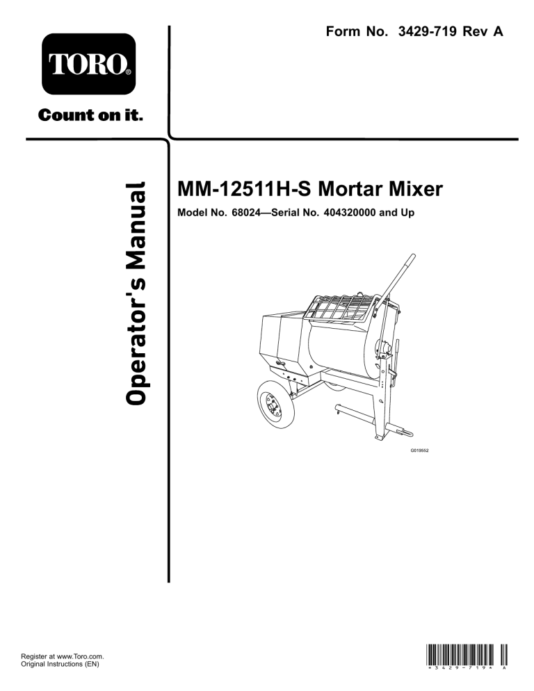 Toro MM-12511H-S Mortar Mixer User manual Toro MM-12511H-S Mortar Mixer User manual