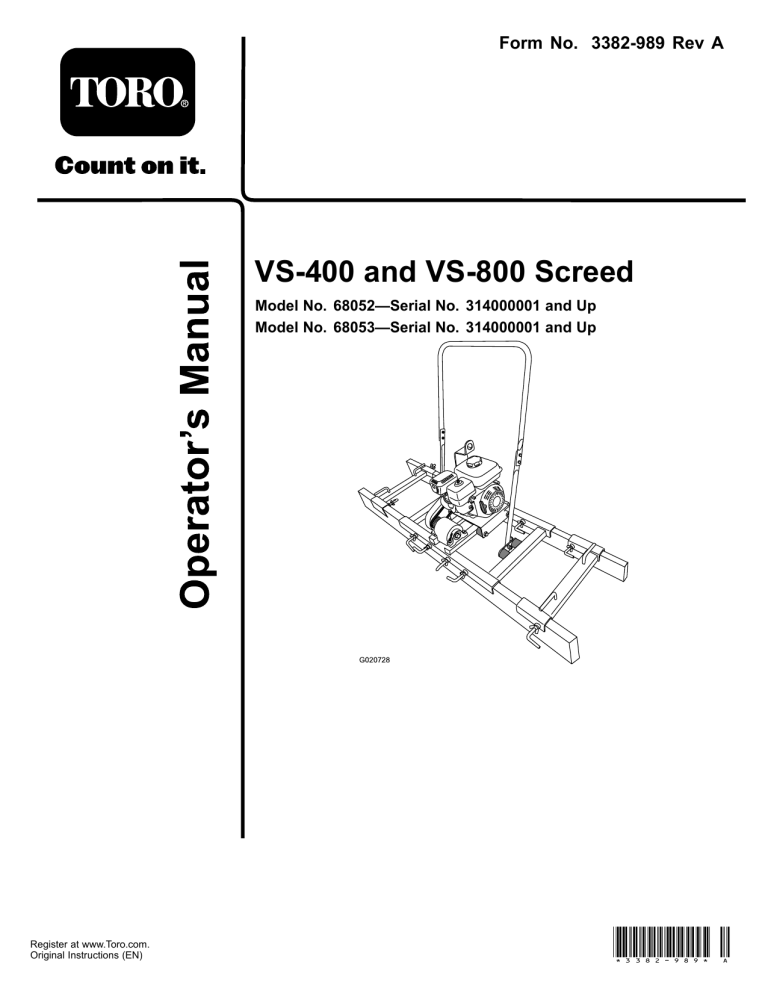 Toro VS-800 Screed, VS-400 Screed User manual Toro VS-800 Screed, VS-400 Screed User manual