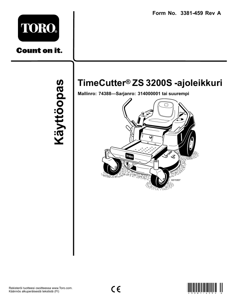 Toro TimeCutter ZS 3200S Riding Mower User manual Toro TimeCutter ZS 3200S Riding Mower User manual