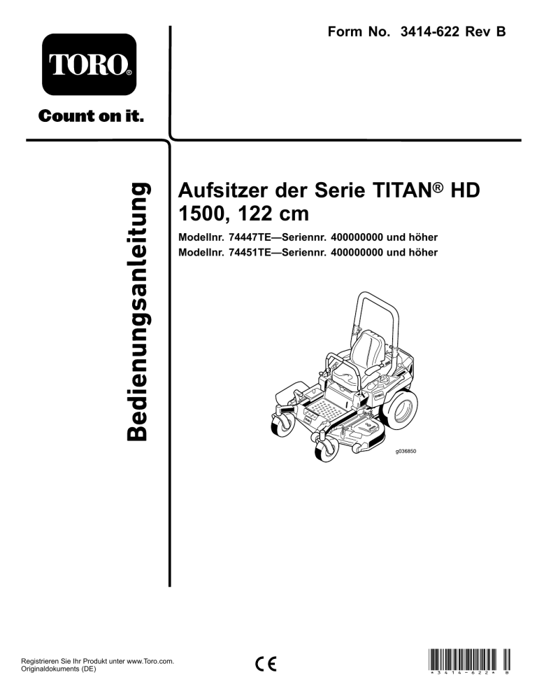 Toro 132cm TITAN HD 1500 Series Riding Mower User manual Toro 132cm TITAN HD 1500 Series Riding Mower User manual