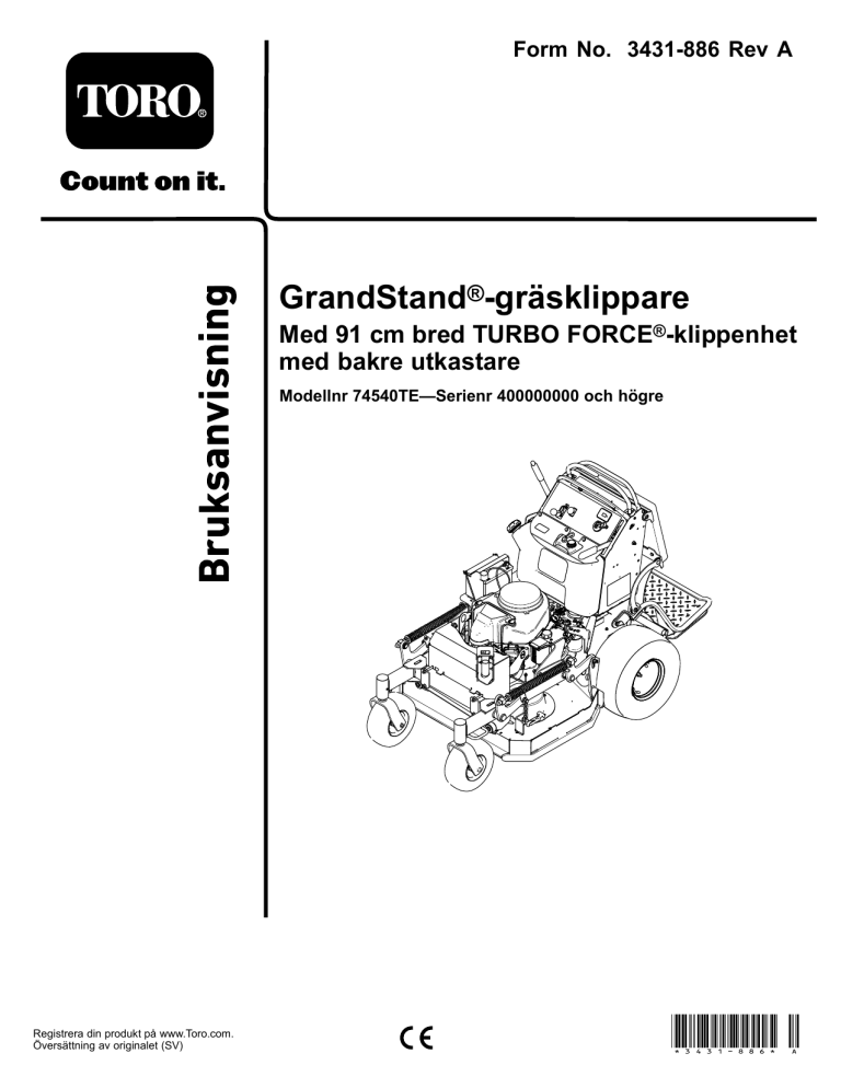 Toro GrandStand Mower, With 91cm Rear Discharge TURBO FORCE Cutting Unit User manual Toro GrandStand Mower, With 91cm Rear Discharge TURBO FORCE Cutting Unit User manual