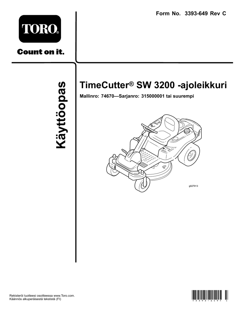 Toro TimeCutter SW 3200 Riding Mower User manual Toro TimeCutter SW 3200 Riding Mower User manual