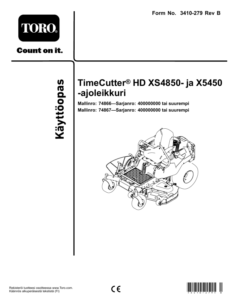 Toro TimeCutter HD XS5450 Riding Mower, TimeCutter HD XS4850 Riding Mower User manual Toro TimeCutter HD XS5450 Riding Mower, TimeCutter HD XS4850 Riding Mower User manual