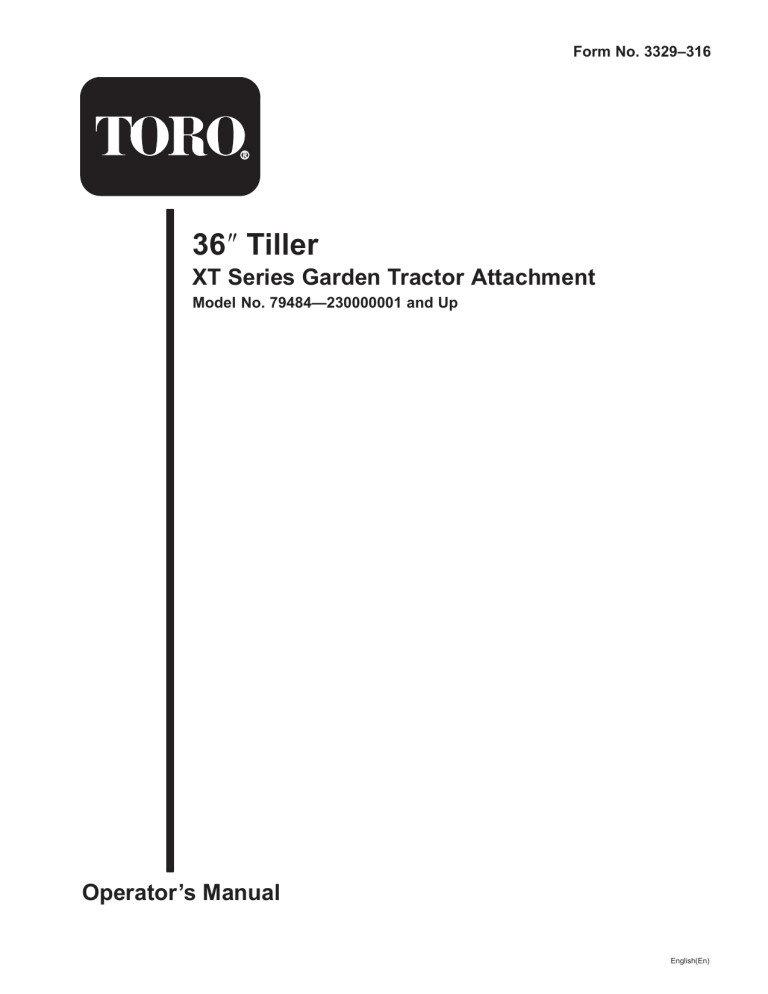 Toro 36in Tiller, XT Series Garden Tractors User manual Toro 36in Tiller, XT Series Garden Tractors User manual