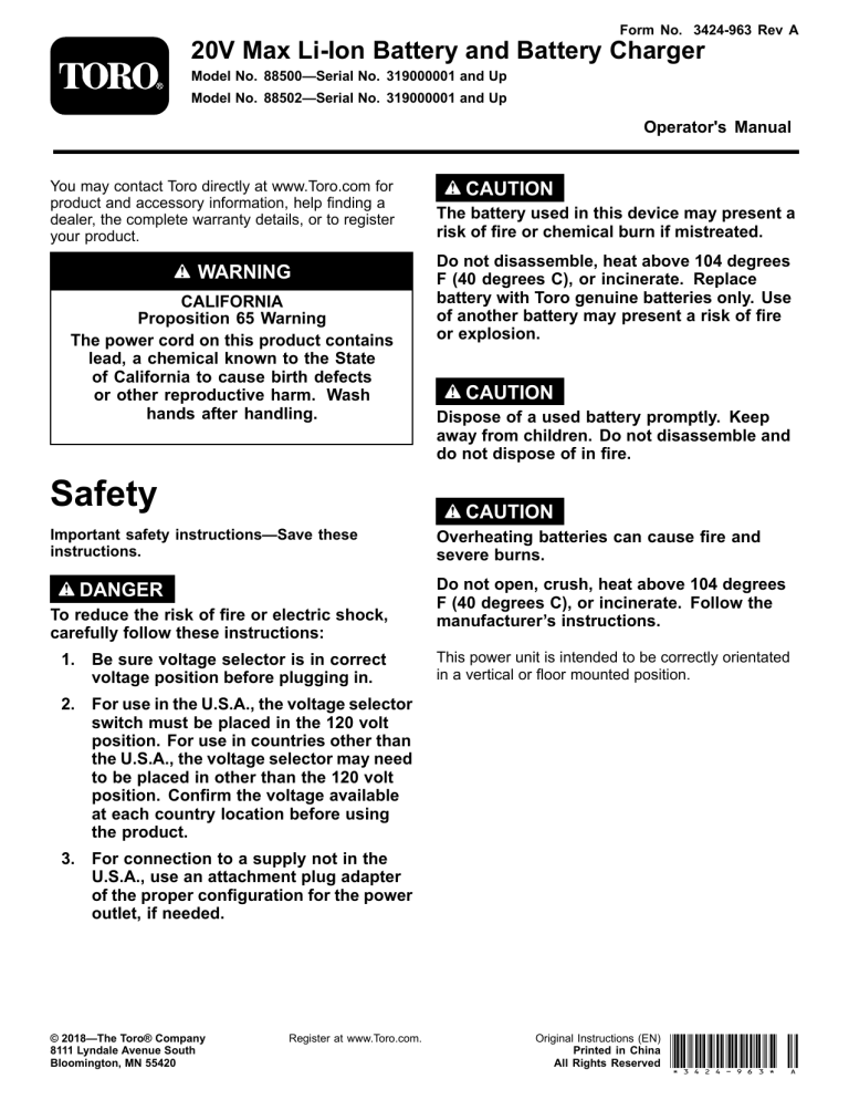 Toro 20V Max Standard Battery Pack, 20V Max Li-Ion Battery Charger User manual Toro 20V Max Standard Battery Pack, 20V Max Li-Ion Battery Charger User manual