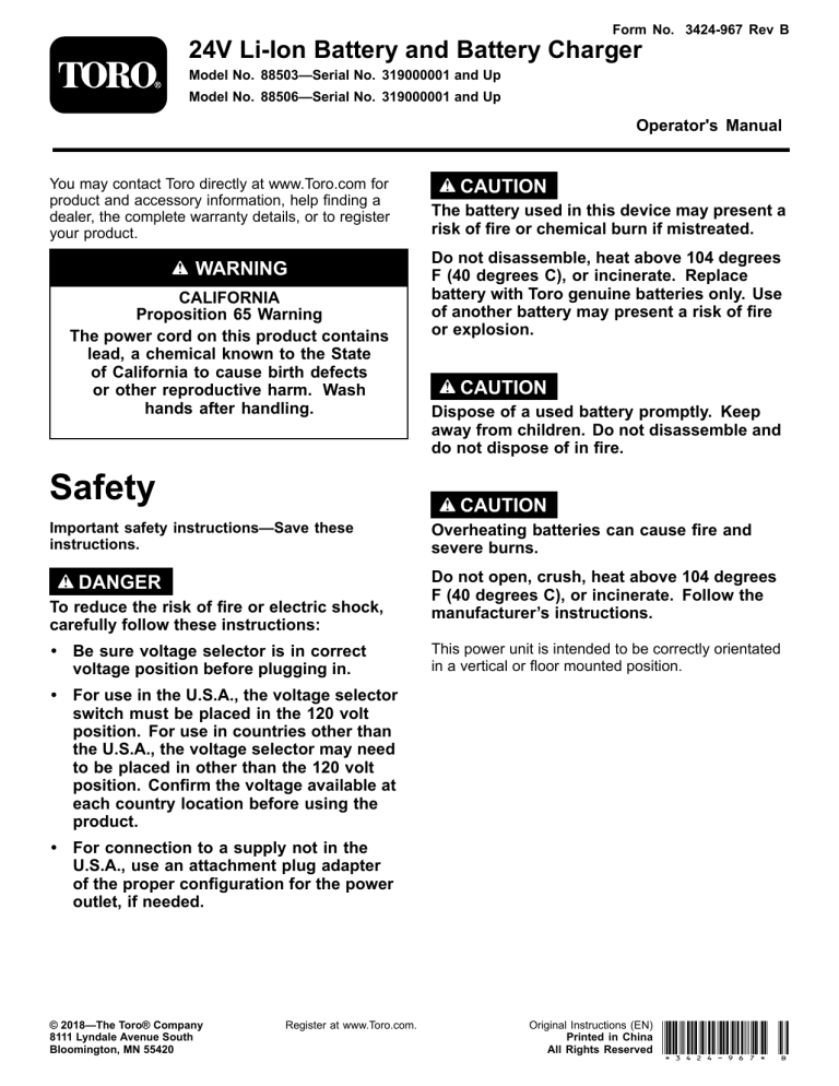 Toro 24V Li-Ion Standard Battery Pack, 24V Li-Ion Battery Charger User manual Toro 24V Li-Ion Standard Battery Pack, 24V Li-Ion Battery Charger User manual