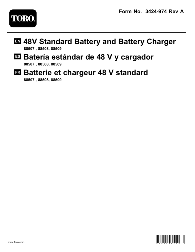 Toro 48V Standard Battery Charger, 48V Li-Ion Extended Range Battery Pack, 48V Li-Ion Standard Battery Pack User manual Toro 48V Standard Battery Charger, 48V Li-Ion Extended Range Battery Pack, 48V Li-Ion Standard Battery Pack User manual