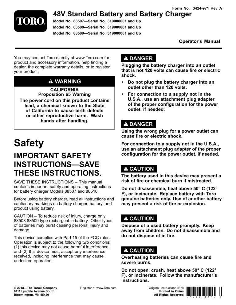 Toro 48V Li-Ion Standard Battery Pack User manual Toro 48V Li-Ion Standard Battery Pack User manual