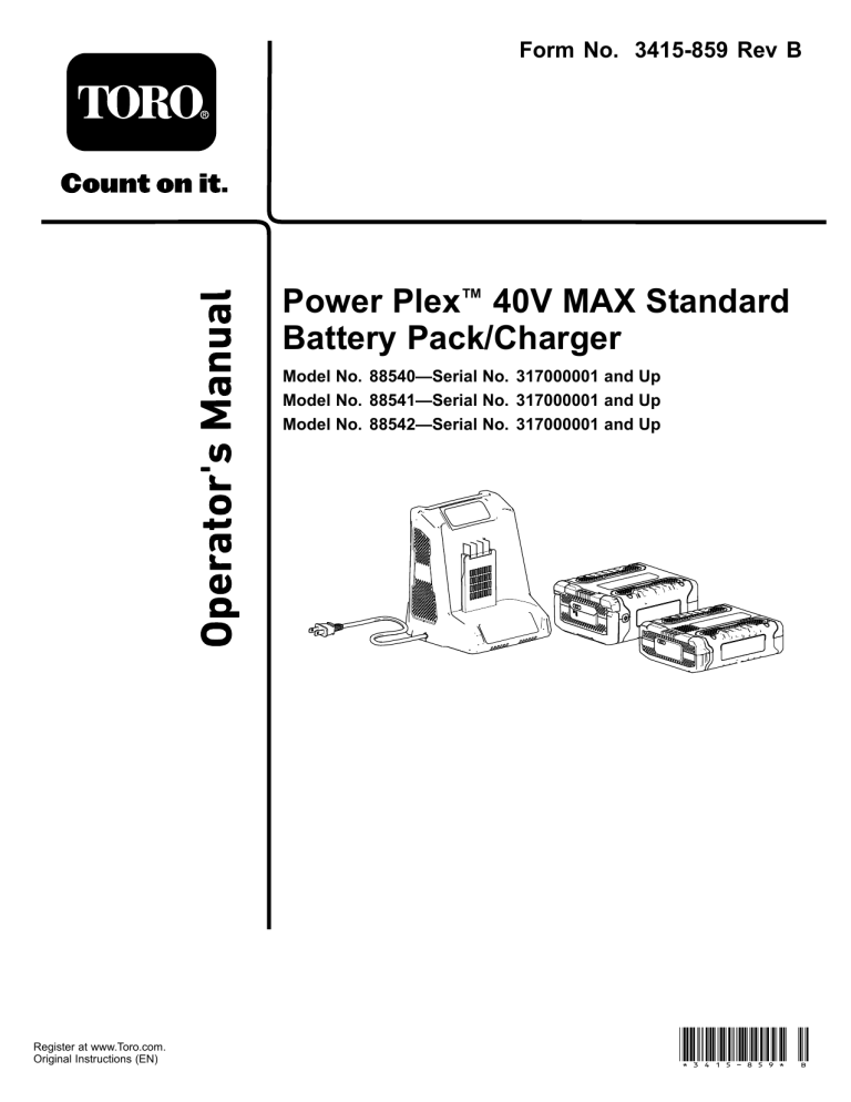 Toro PowerPlex 40V Max Standard Charger, PowerPlex 40V Max Standard 180 WH Battery Pack, PowerPlex 40V Max Standard 90 WH Battery Pack User manual Toro PowerPlex 40V Max Standard Charger, PowerPlex 40V Max Standard 180 WH Battery Pack, PowerPlex 40V Max Standard 90 WH Battery Pack User manual