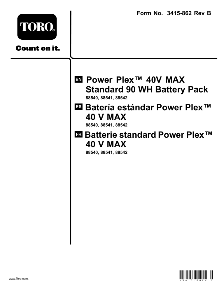 Toro PowerPlex 40V Max Standard Charger, PowerPlex 40V Max Standard 180 WH Battery Pack, PowerPlex 40V Max Standard 90 WH Battery Pack User manual Toro PowerPlex 40V Max Standard Charger, PowerPlex 40V Max Standard 180 WH Battery Pack, PowerPlex 40V Max Standard 90 WH Battery Pack User manual