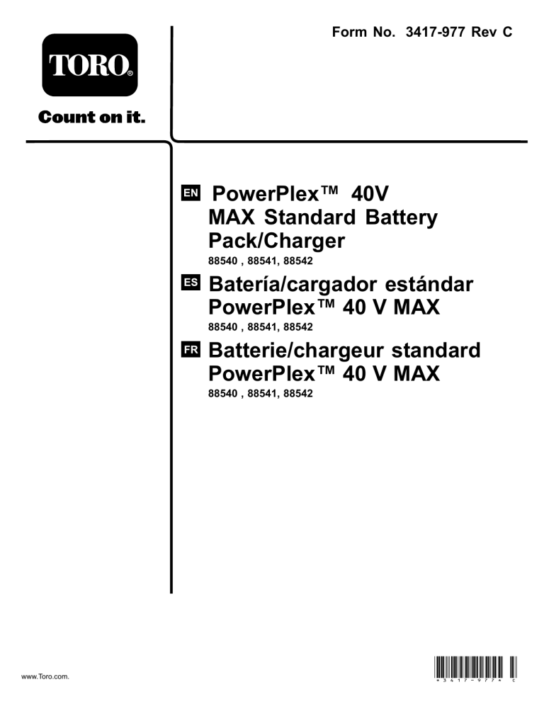 Toro PowerPlex 40V Max Standard Charger, PowerPlex 40V Max Standard 180 WH Battery Pack User manual Toro PowerPlex 40V Max Standard Charger, PowerPlex 40V Max Standard 180 WH Battery Pack User manual