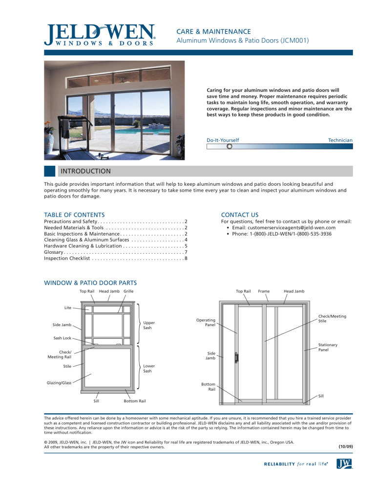 JELD-WEN 3751, 462709, 8b6114, 8b6110, W31295, 8b6172, 380357, 8b6115, 462710, 380358 User manual JELD-WEN 3751, 462709, 8b6114, 8b6110, W31295, 8b6172, 380357, 8b6115, 462710, 380358 User manual