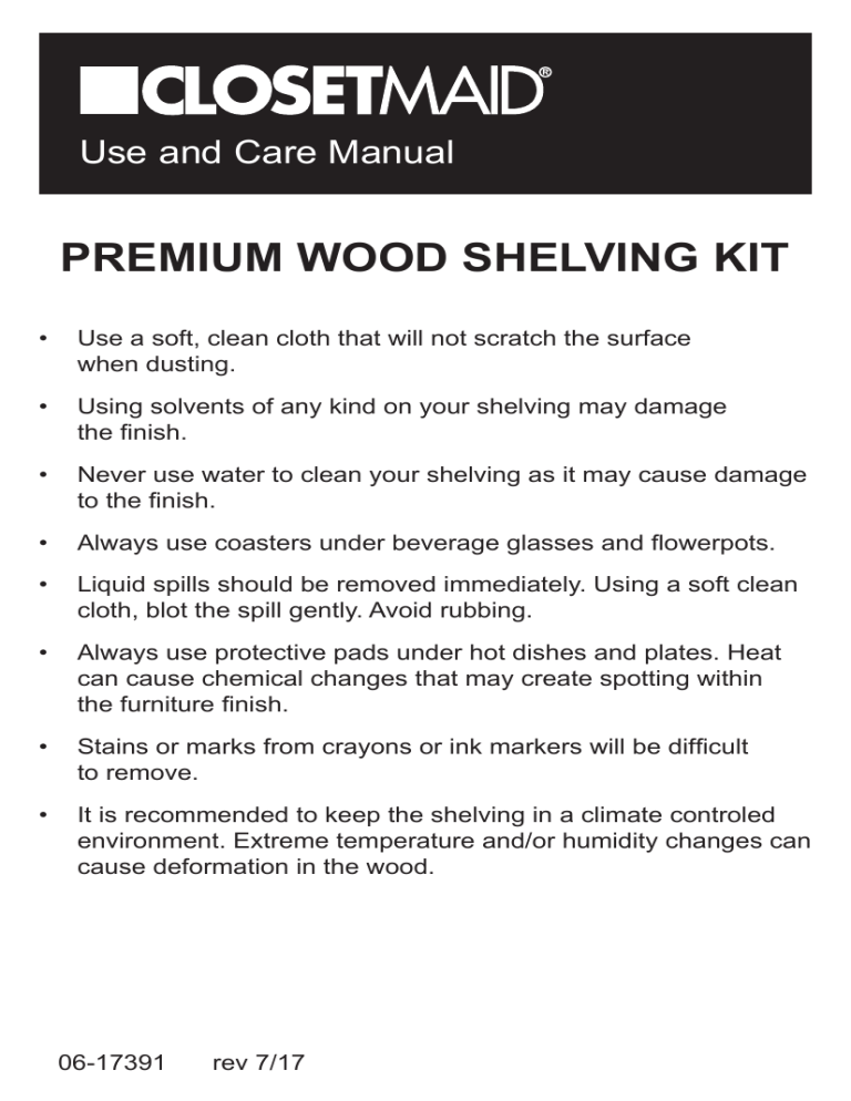 ClosetMaid 1367, 1380, 1368, 1373, 1370, 1371, 1377, 1369, 1378, 1372 User manual ClosetMaid 1367, 1380, 1368, 1373, 1370, 1371, 1377, 1369, 1378, 1372 User manual