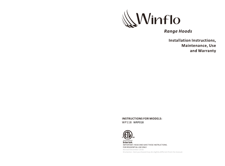 Winflo WRP018A36CH, WRP018B36CH Installation guide Winflo WRP018A36CH, WRP018B36CH Installation guide