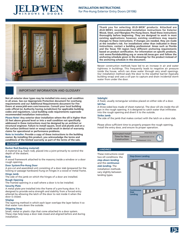 JELD-WEN THDJW220700003, THDJW220700004 Operating instructions JELD-WEN THDJW220700003, THDJW220700004 Operating instructions
