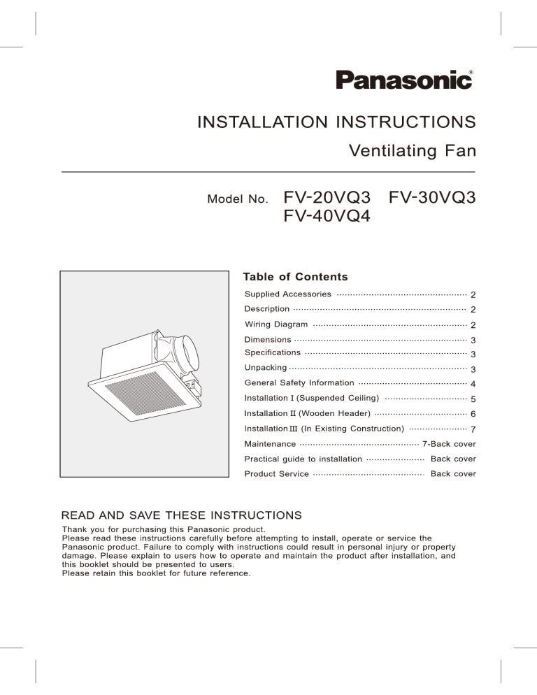 Panasonic FV-40VQ4, FV-20VQ3, FV-30VQ3 Installation guide Panasonic FV-40VQ4, FV-20VQ3, FV-30VQ3 Installation guide