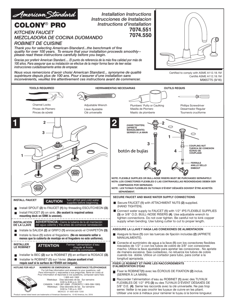 American Standard 7074550.002 Installation guide American Standard 7074550.002 Installation guide
