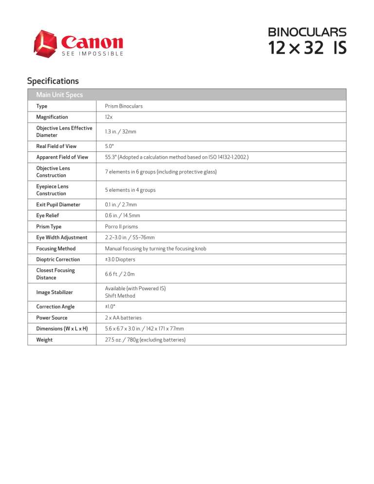 Canon 1373C002 Specification Canon 1373C002 Specification