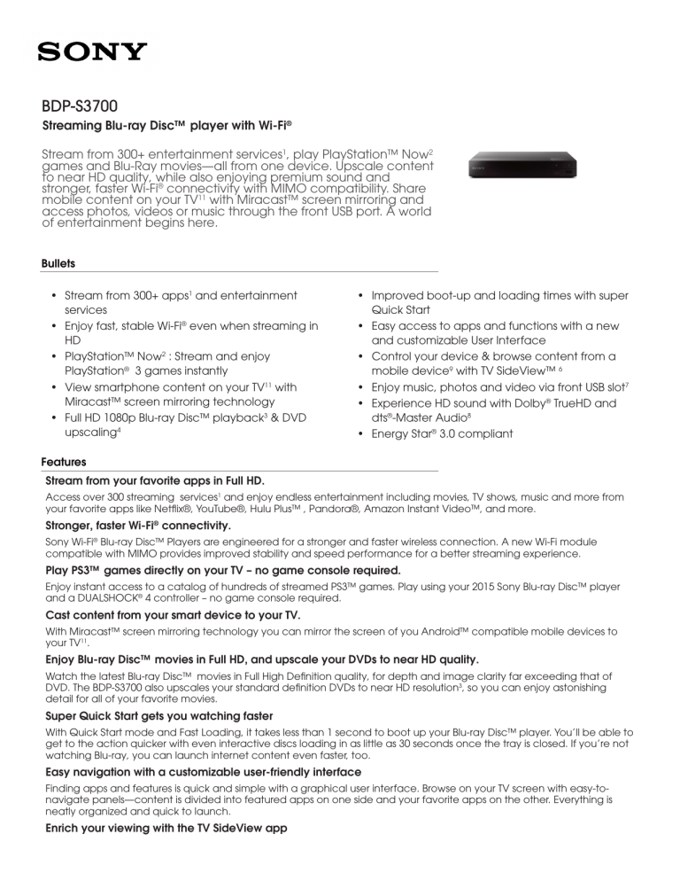 Sony BDPS3700 Specification Sony BDPS3700 Specification