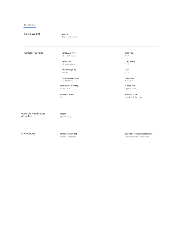 Sony MDRXB650BT/B Specification Sony MDRXB650BT/B Specification