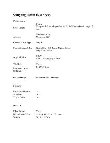 Samyang SY14M-E Specification Samyang SY14M-E Specification