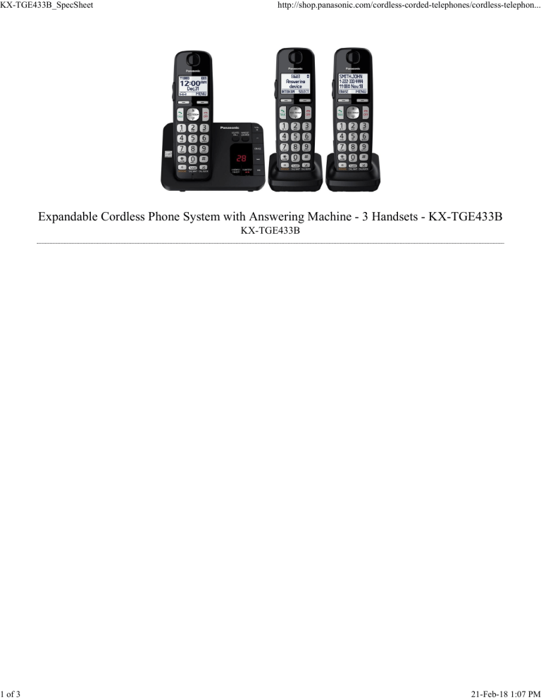 Panasonic KX-TGE433B Specification Panasonic KX-TGE433B Specification