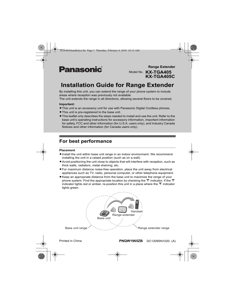 Panasonic KX-TGA405B Installation Manual Panasonic KX-TGA405B Installation Manual