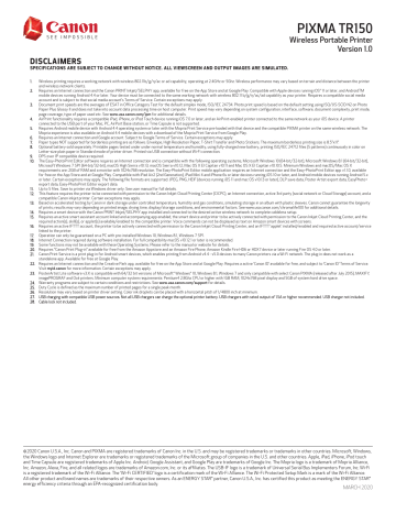 Canon TR150 Specification Canon TR150 Specification